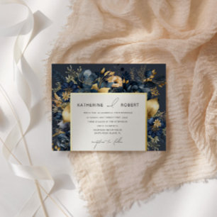 Aquarell-Midnight-Blue-Gold-Blumenhochzeit Folieneinladung