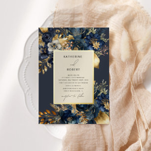 Aquarell-Midnight-Blue-Gold-Blumenhochzeit Folieneinladung