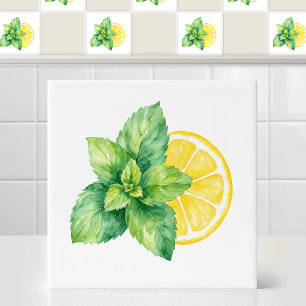 Aquarell Minzeblätter Zitronenscheibe Kunst Fliese