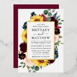 Aquarell-Mischblumen-Hochzeit Burgunderrot Gold Folieneinladung