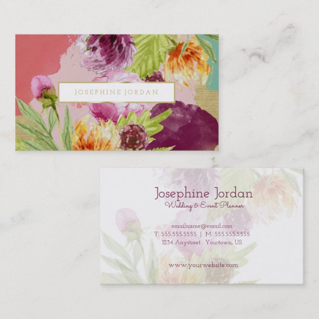 Aquarell mit Blumen u. Goldfolien-moderne Visitenkarte (Vorne/Hinten)