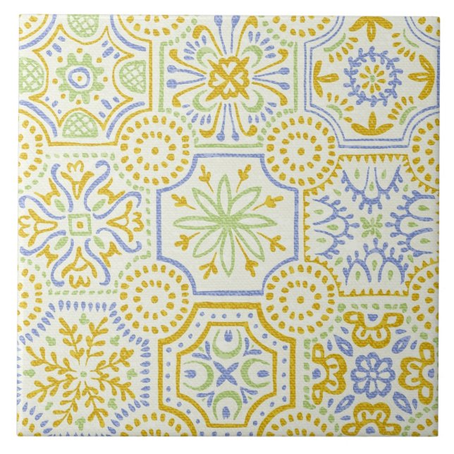 Aquarell-Mittelmeer-Azulejo-Boho-Muster  Fliese (Vorderseite)