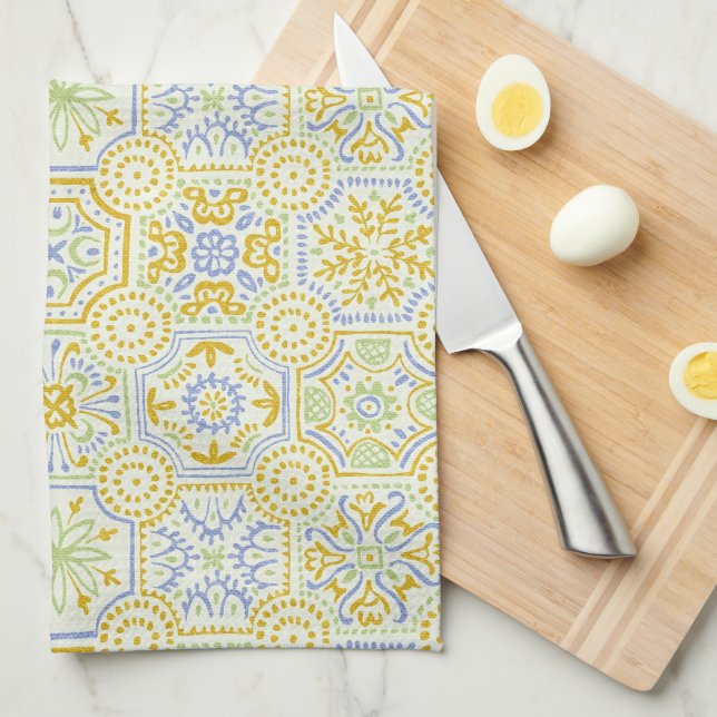 Aquarell-Mittelmeer-Azulejo-Boho-Muster  Geschirrtuch (Viertel Falte)