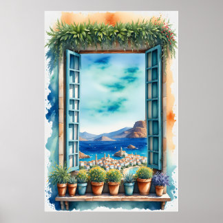 Aquarell-Mittelmeer-Fensterblick Küstenstadt Poster