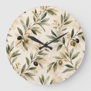 Aquarell-Mittelmeer-Olivenzweig-Uhr Große Wanduhr