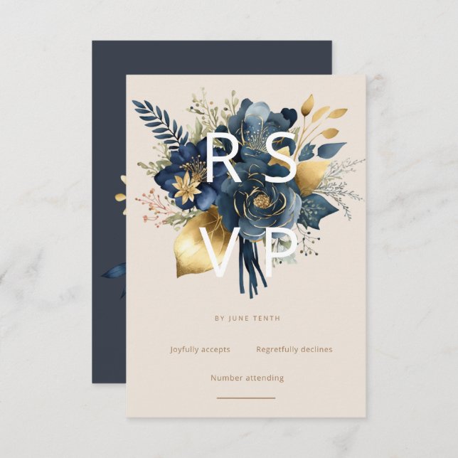 Aquarell Mitternacht blaue Goldflorenkarte RSVP Karte (Vorne/Hinten)