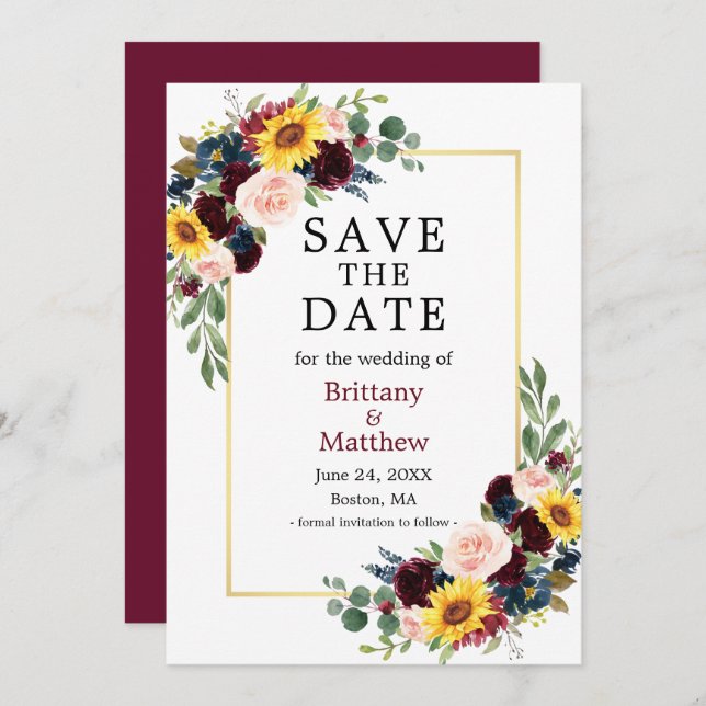 Aquarell Mixed Floral Gold Burgundy Elegante Save The Date (Vorne/Hinten)