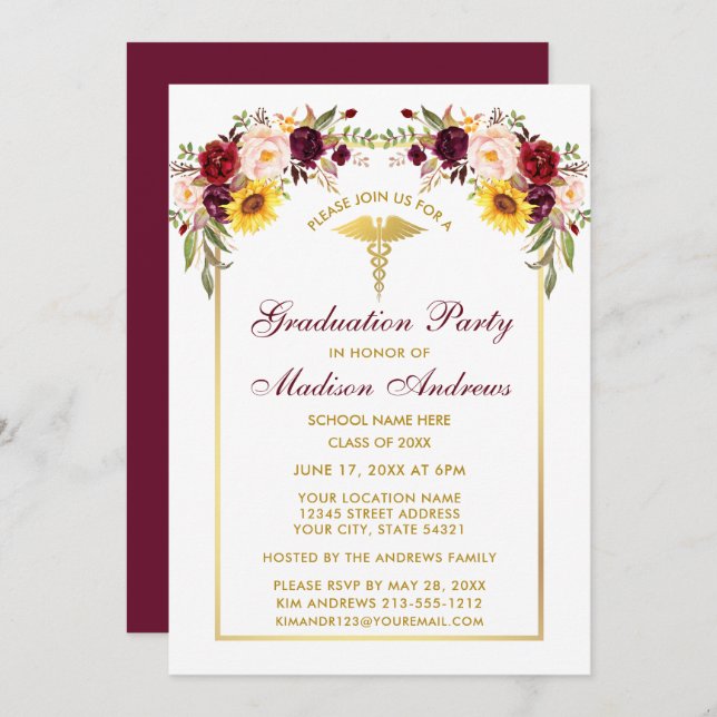 Aquarell Mixed Floral Gold Medical Grad Party Einladung (Vorne/Hinten)