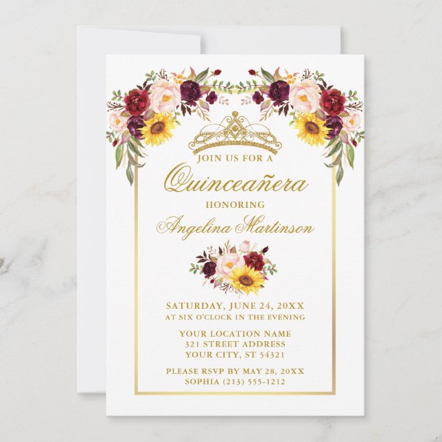 Aquarell Mixed Floral Gold Rahmen Quinceanera Einladung (Vorderseite)