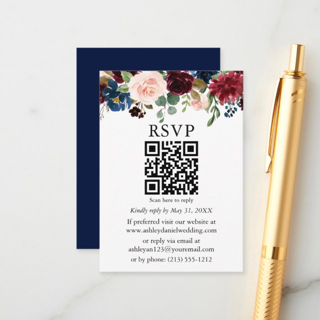 Aquarell Mixed Floral Wedding Blue QR UAWG Begleitkarte (Vorderseite/Rückseite Beispiel)
