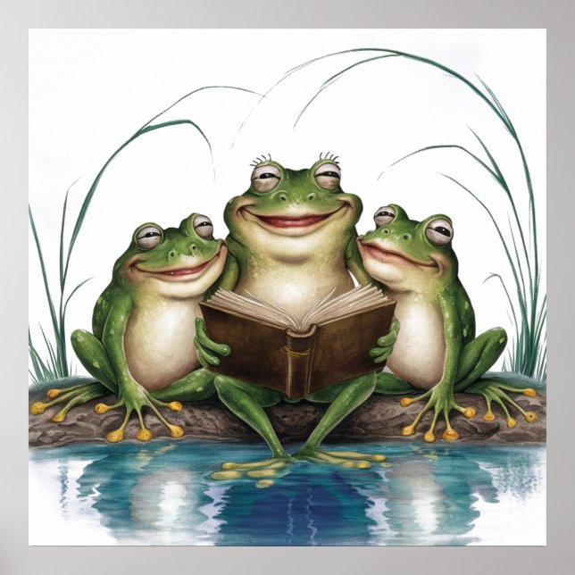 Aquarell Moderne grüne Frösche lesen Buch Poster (Vorne)