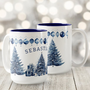 Aquarell Moderne Navy Blau Weihnachtsbaum Name Zweifarbige Tasse