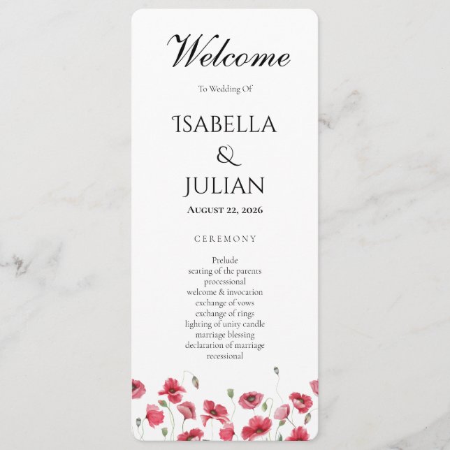Aquarell-Mohn-und-Lavendel-Blumen-Hochzeitsprogram Programm (Vorderseite)