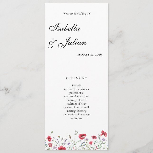 Aquarell-Mohn-und-Lavendel-Blumenhochzeit Programm (Vorderseite)
