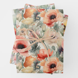 AQUARELL MOHNBLUMEN GESCHENKPAPIER SET