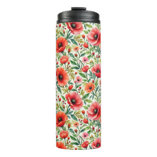Aquarell-Mohnblumen und Gartenlaub Thermosbecher
