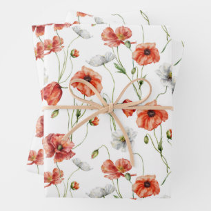 Aquarell-Mohnblumen und weiße Wildblumen auf der W Geschenkpapier Set