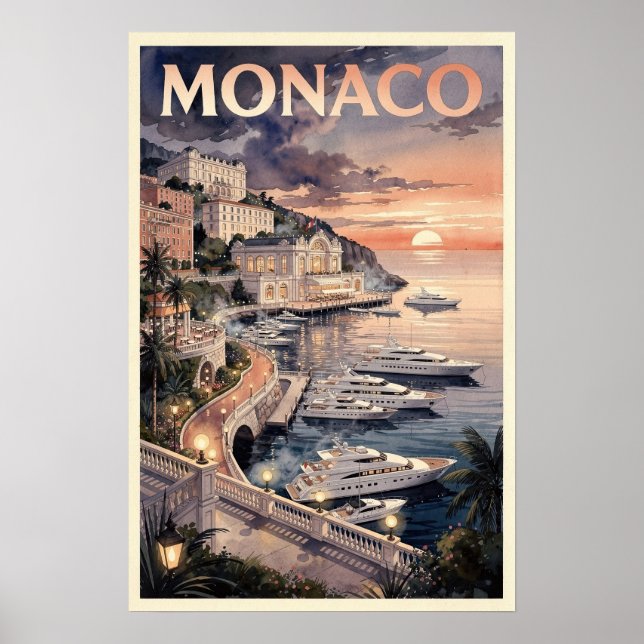 Aquarell Monaco Vintage Reise Poster (Vorne)