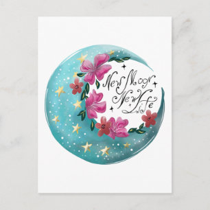 Aquarell-Mond mit Sternen und Blumen Postkarte