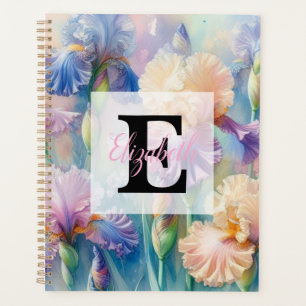 Aquarell-Monogramm lila Iris-Blüten Planer
