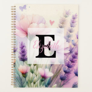 Aquarell-Monogramm mit Blumen in rosa lila Lavende Planer