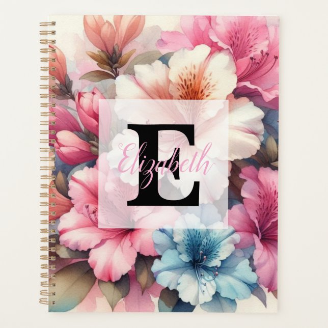 Aquarell-Monogramm mit rosa blauen Azaleen  Planer (Vorderseite)