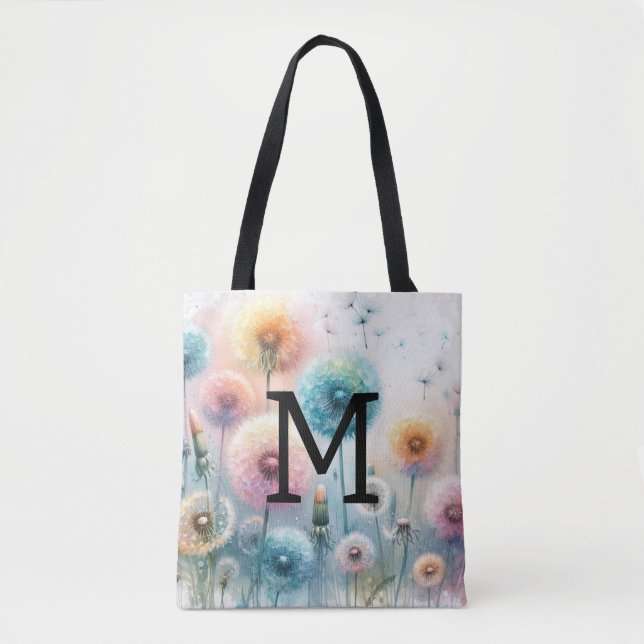 Aquarell-Monogramm mit rosa blauen Löwenzahnblumen (Vorderseite)