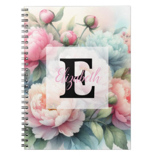 Aquarell-Monogramm mit rosa blauen Pfingstrosen  Notizblock