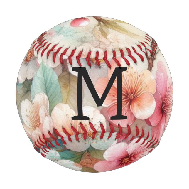 Aquarell-Monogramm mit rosa Kirschblüten  Baseball (Vorderseite)