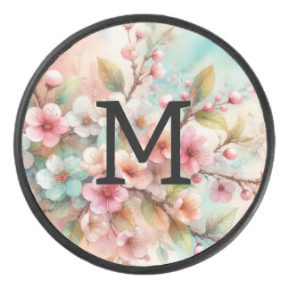 Aquarell-Monogramm mit rosa Kirschblüten  Eishockey Puck