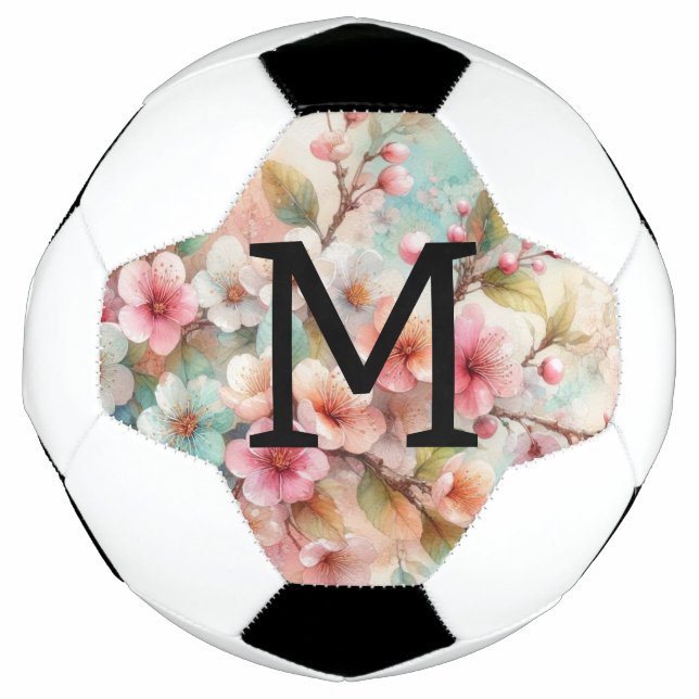 Aquarell-Monogramm mit rosa Kirschblüten  Fußball (Vorderseite)
