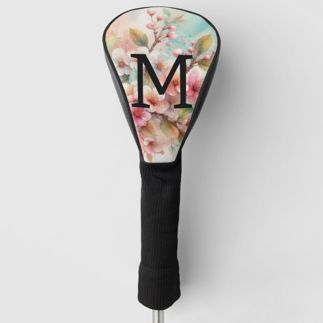 Aquarell-Monogramm mit rosa Kirschblüten  Golf Headcover (Vorderseite)