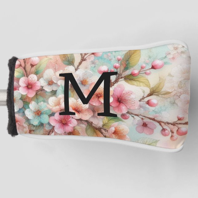 Aquarell-Monogramm mit rosa Kirschblüten  Golf Headcover (Vorderseite)