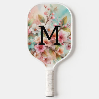 Aquarell-Monogramm mit rosa Kirschblüten  Pickleball Schläger