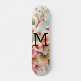 Aquarell-Monogramm mit rosa Kirschblüten  Skateboard
