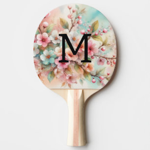 Aquarell-Monogramm mit rosa Kirschblüten Tischtennis Schläger