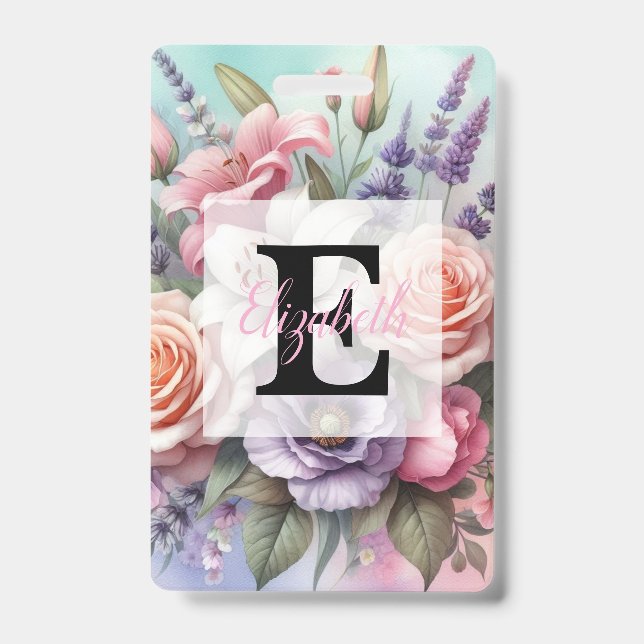 Aquarell-Monogramm mit rosa lila Blumen  Ausweis (Vorderseite)