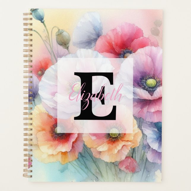 Aquarell-Monogramm mit rosa roten Mohnblumen  Planer (Vorderseite)