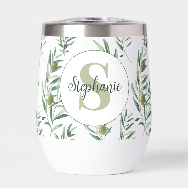 Aquarell-Monogramm-Name Olivenzweige-Muster (Vorderseite)