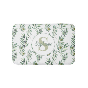 Aquarell-Monogramm-Name Olivenzweige-Muster Badematte