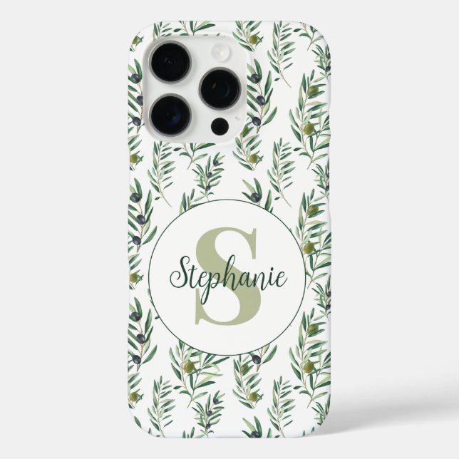 Aquarell-Monogramm-Name Olivenzweige-Muster Case-Mate iPhone Hülle (Rückseite)