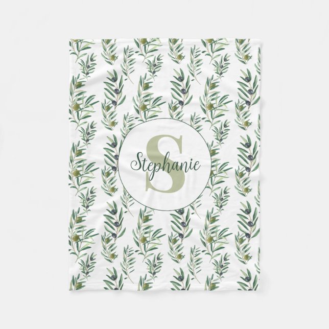 Aquarell-Monogramm-Name Olivenzweige-Muster Fleecedecke (Vorderseite)