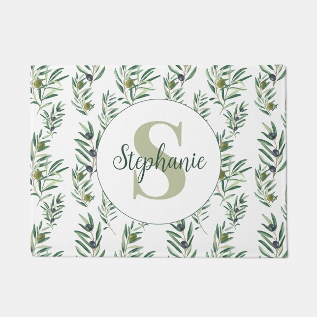 Aquarell-Monogramm-Name Olivenzweige-Muster Fußmatte (Vorderseite)