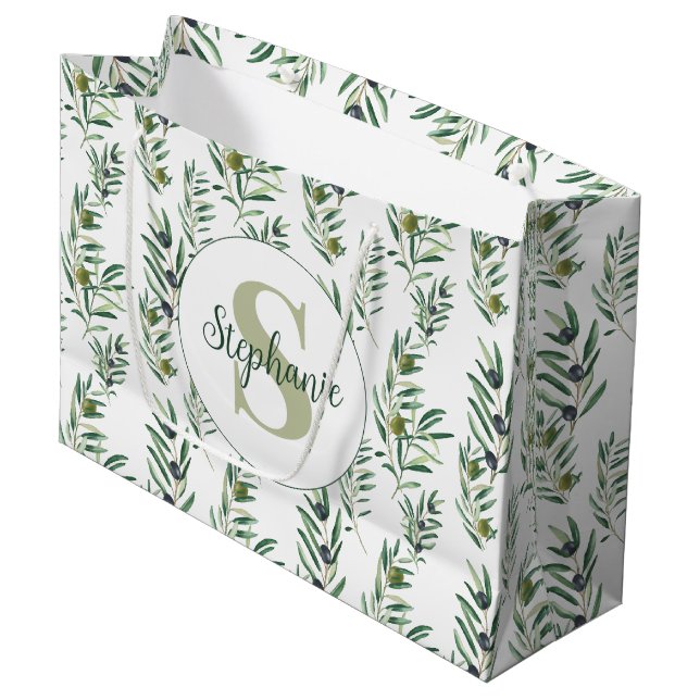 Aquarell-Monogramm-Name Olivenzweige-Muster Große Geschenktüte (Vorderseite Schrägansicht)