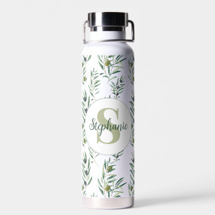 Aquarell-Monogramm-Name Olivenzweige-Muster Trinkflasche