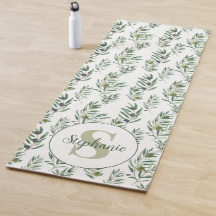 Aquarell-Monogramm-Name Olivenzweige-Muster Yogamatte