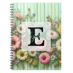 Aquarell-Monogramm-Pastellblumen auf grünem Holz Notizblock
