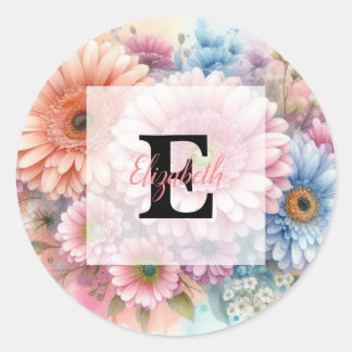 Aquarell-Monogramm rosa Gerbera-Margeriten Runder Aufkleber