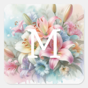 Aquarell-Monogramm rosa Lilien Blumen Quadratischer Aufkleber