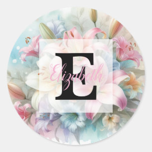 Aquarell-Monogramm rosa Lilien Blumen Runder Aufkleber